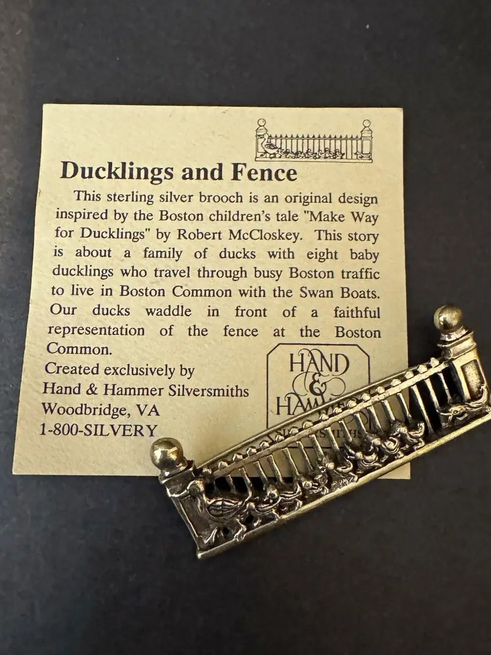 Hand & Hammer Silversmiths Signed 925 Sterling Ducklings Fence Brooch Pin 3in